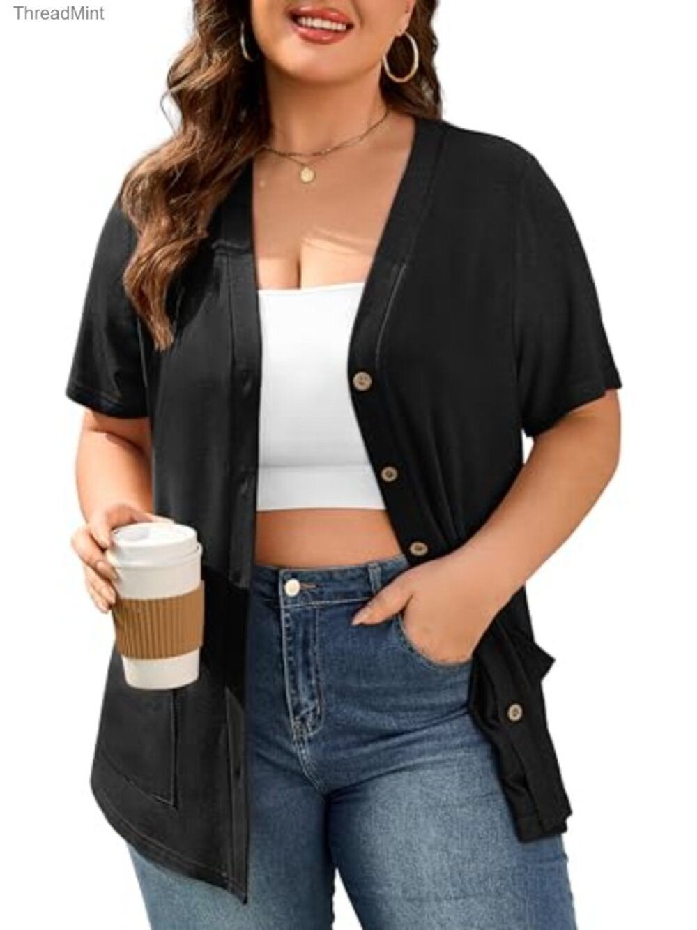 Plus Size Short Sleeve V-Neck Button Cardigan Lightweight Knit